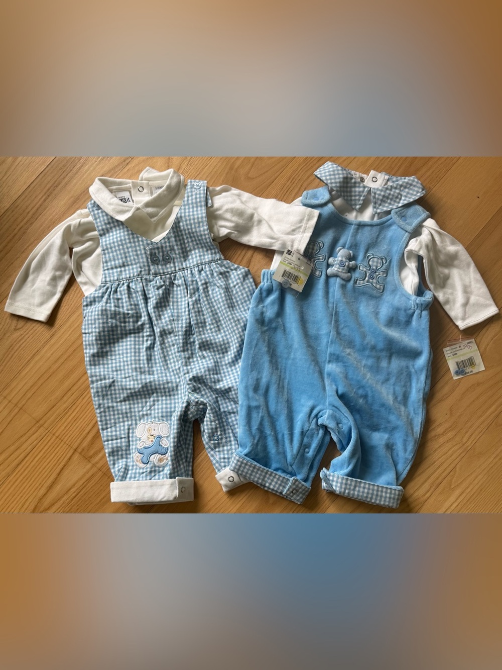 NWT Baby Boy Outfit Set 3-6M Blue Gingham Overalls Cotton Lot